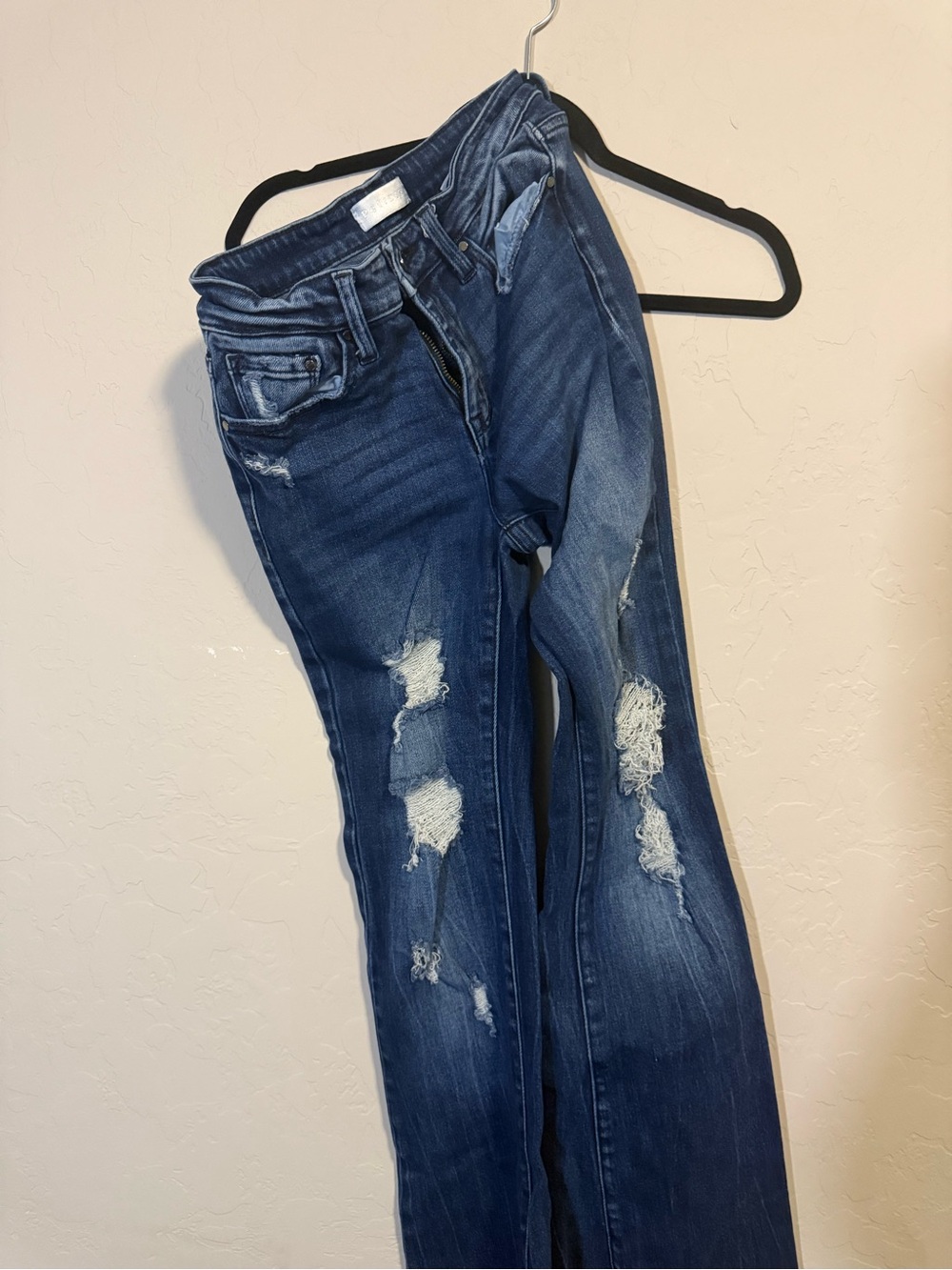 Women's Dark Blue Flare Jeans with Distressed Detail